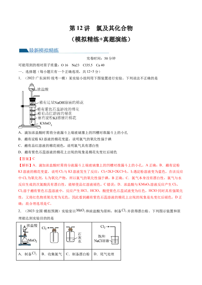 第12讲氯及其化合物（练习）（解析版）_05高考化学_2024年新高考资料_1.2024一轮复习_2024年高考化学一轮复习讲练测（新教材新高考）