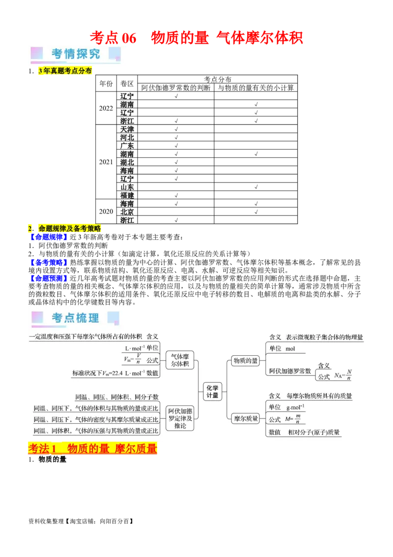 考点06物质的量气体摩尔体积（核心考点精讲精练）-备战2024年高考化学一轮复习考点帮（新高考专用）（学生版）_05高考化学_新高考复习资料_2024年新高考资料_一轮复习资料