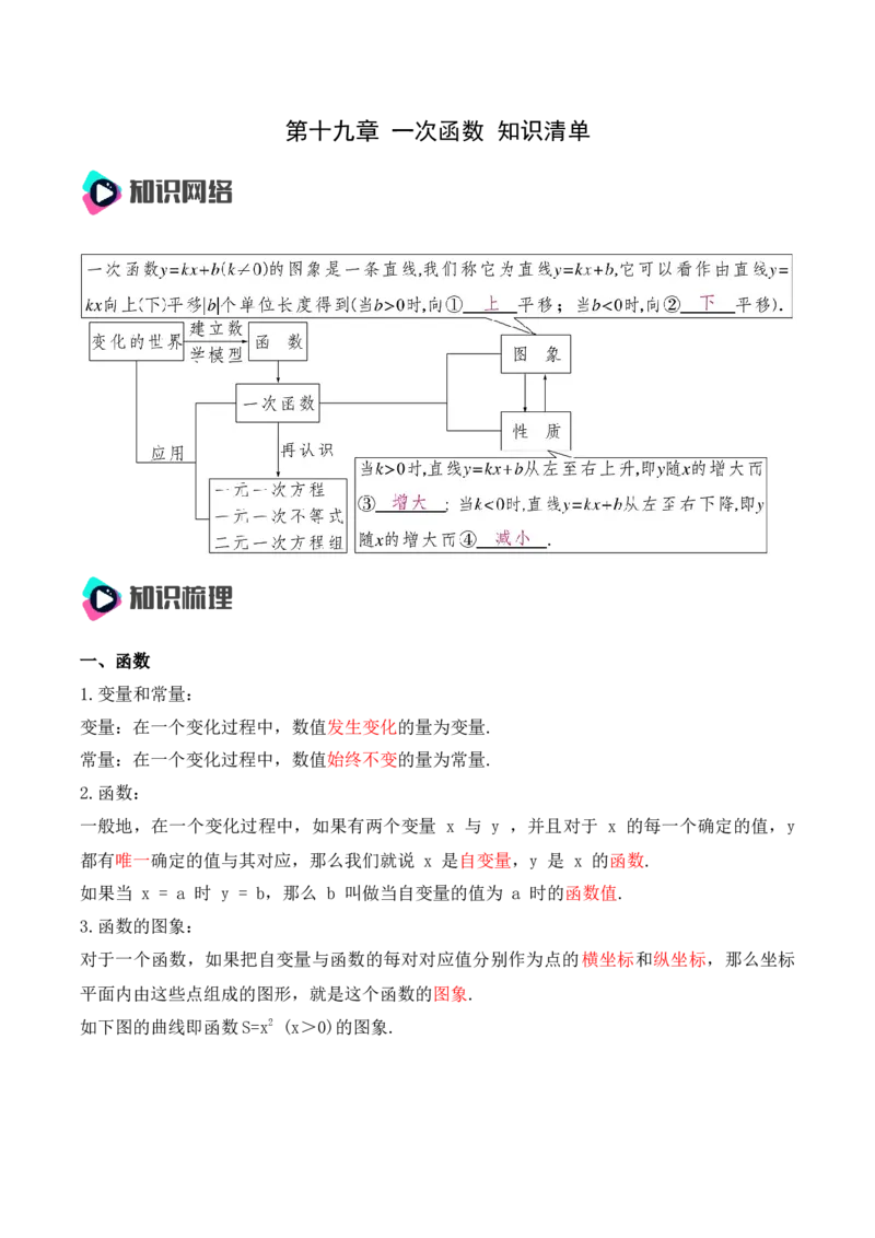 第十九章一次函数知识清单（解析版）_初中数学_八年级数学下册（人教版）_知识点总结_知识清单