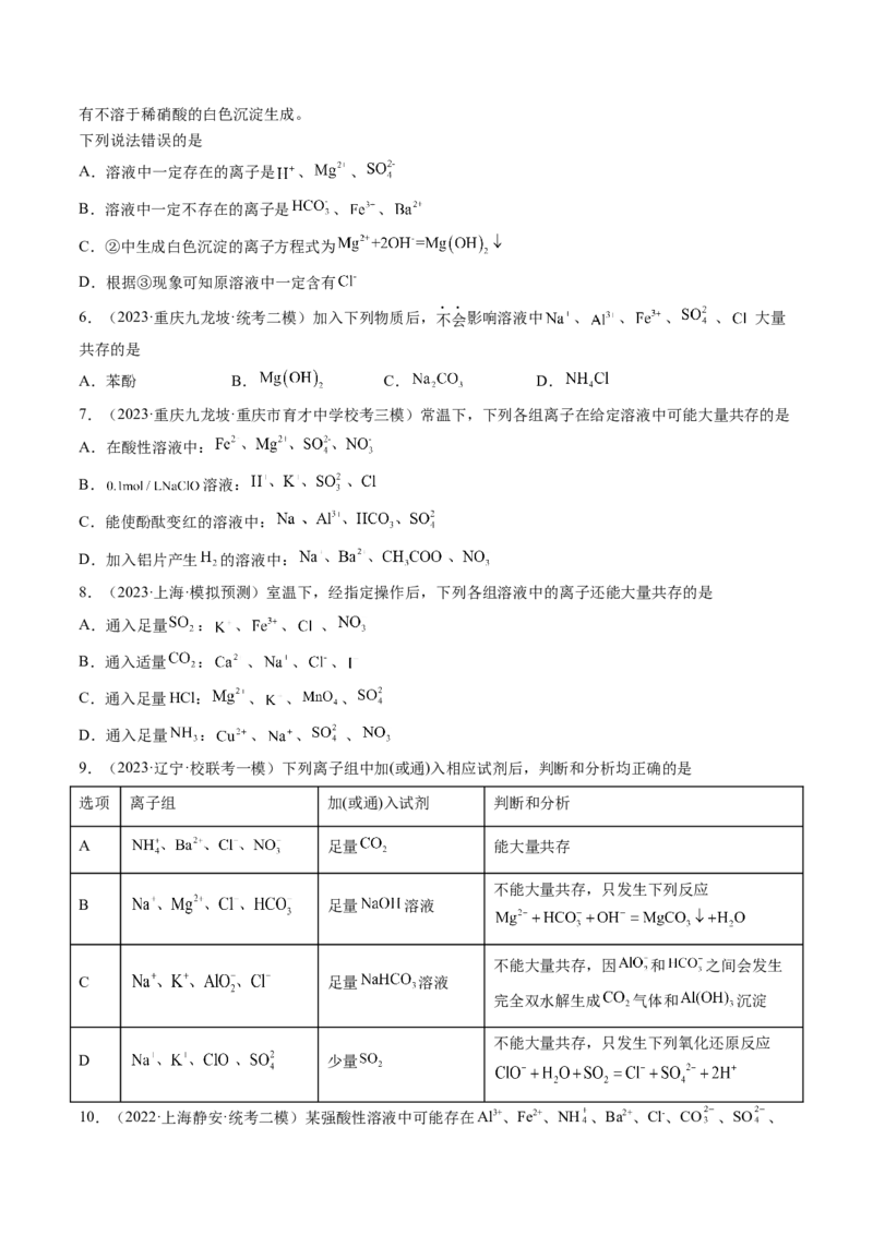 第06讲离子共存、离子的检验与推断（练习）（原卷版）_05高考化学_2024年新高考资料_1.2024一轮复习_2024年高考化学一轮复习讲练测（新教材新高考）