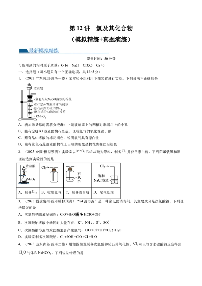 第12讲氯及其化合物（练习）（原卷版）_05高考化学_新高考复习资料_2024年新高考资料_一轮复习资料_完2024年高考化学一轮复习讲练测(课件+讲义+练习)（新高考）_讲义+练习