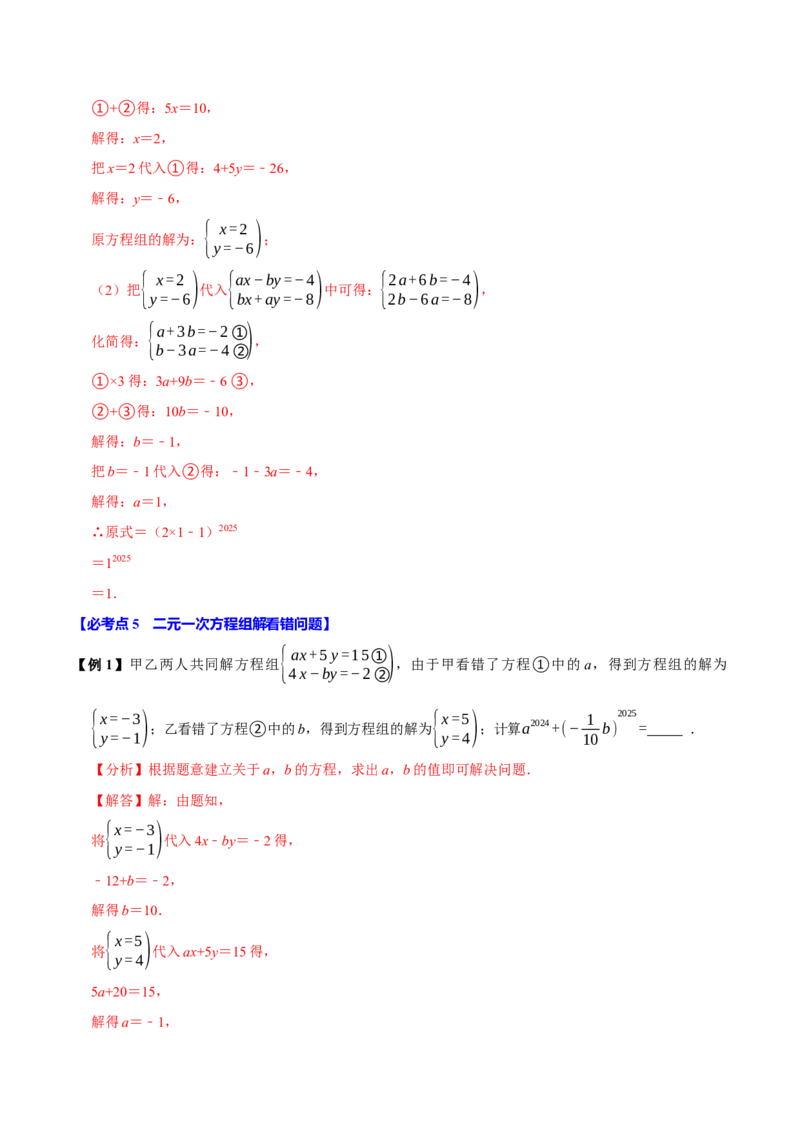 第十章二元一次方程组含参问题8个必考点（必考点分类集训）（人教版2024）（教师版）_初中数学_七年级数学下册（人教版）_考点分类必刷题-U181