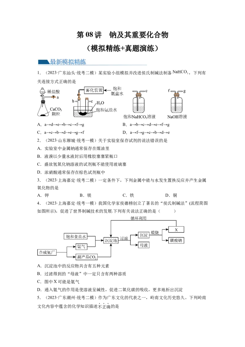 第08讲钠及其重要化合物（练习）（原卷版）_05高考化学_新高考复习资料_2024年新高考资料_一轮复习资料_完2024年高考化学一轮复习讲练测(课件+讲义+练习)（新高考）_讲义+练习