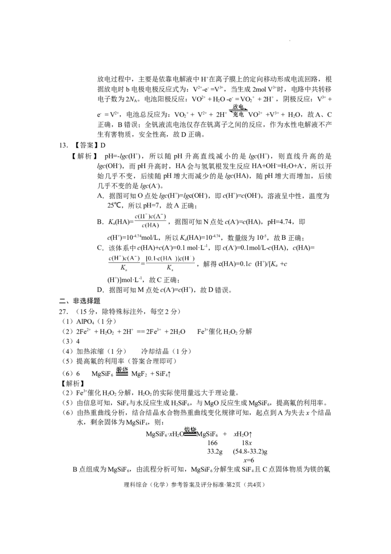 红河州2023届高三第二次州统测试卷丨化学答案公众号：一枚试卷君_05高考化学_高考模拟题_新高考_云南省红河州2023届高中生业生第二次复习统一检测理综