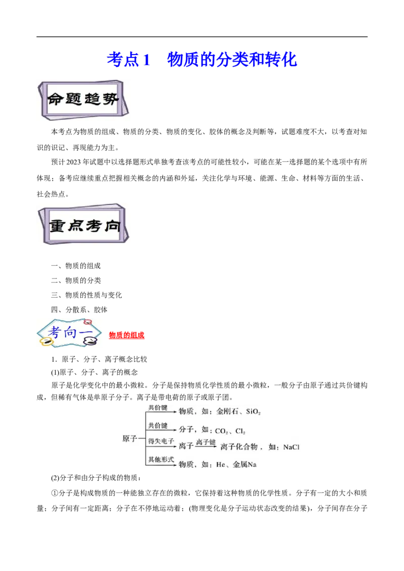 考点1物质的分类和转化（原卷版）_05高考化学_通用版（老高考）复习资料_2023年复习资料_一轮复习_备战2023年高考化学一轮复习考点帮（全国通用）