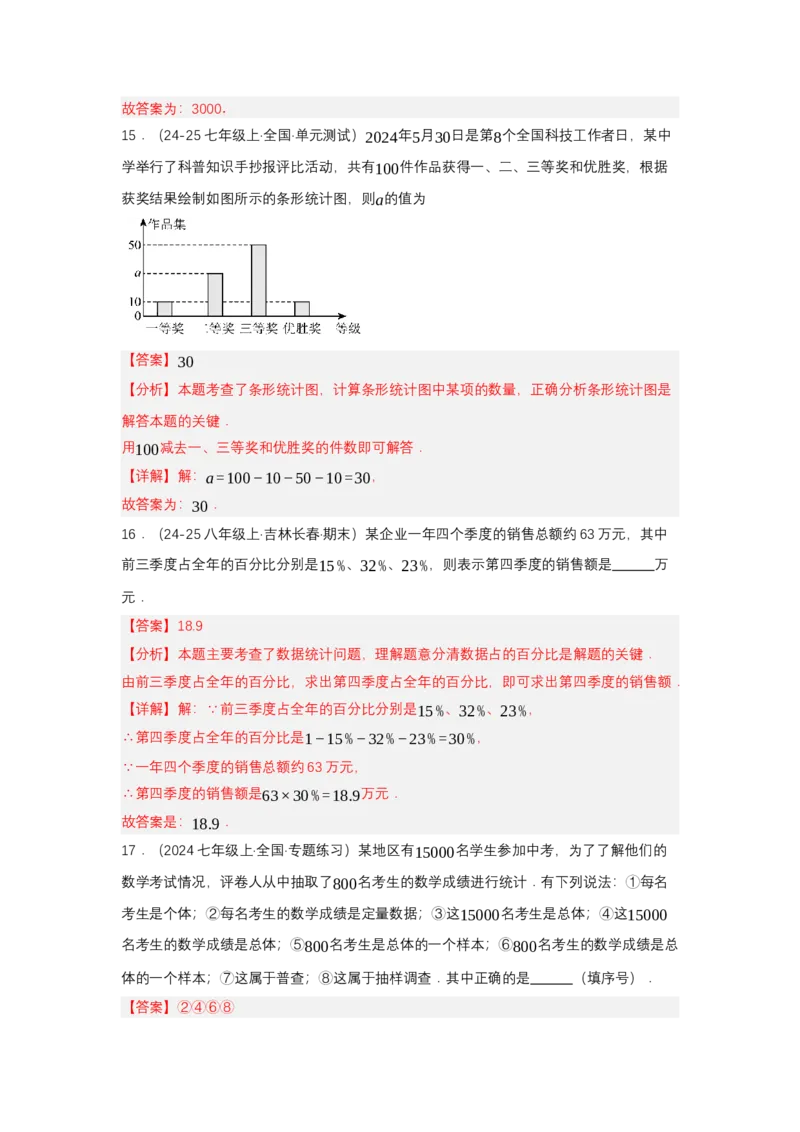 第十二章数据的收集、整理与描述单元测试（提高卷）（解析版）_初中数学_七年级数学下册（人教版）_单元测试