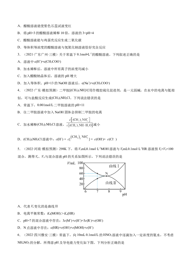 第23讲弱电解质的电离平衡（练）-2023年高考化学一轮复习讲练测（全国通用）（原卷版）_05高考化学_通用版（老高考）复习资料_2023年复习资料_一轮复习