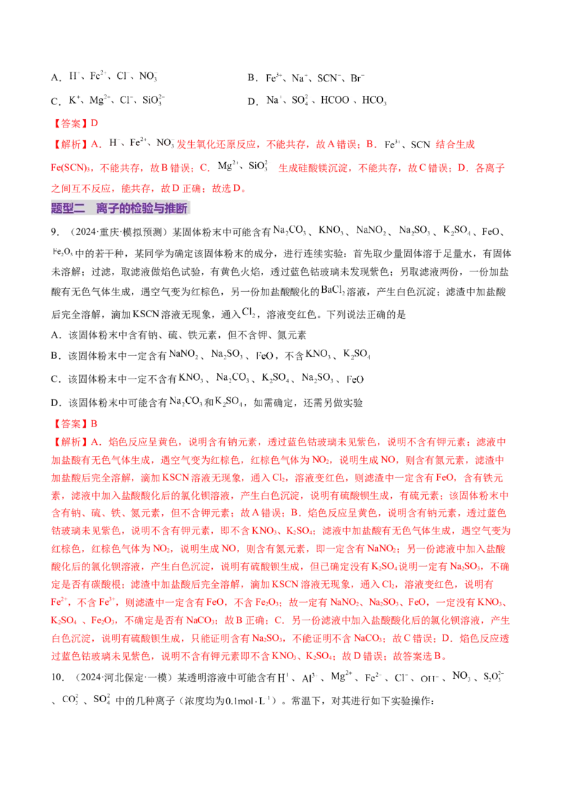 第03讲离子共存、离子的检验与推断（练习）（解析版）_05高考化学_新高考复习资料_2025年新高考资料_上好课2025年高考化学一轮复习讲练测（新教材新高考）_第一章物质及其变化