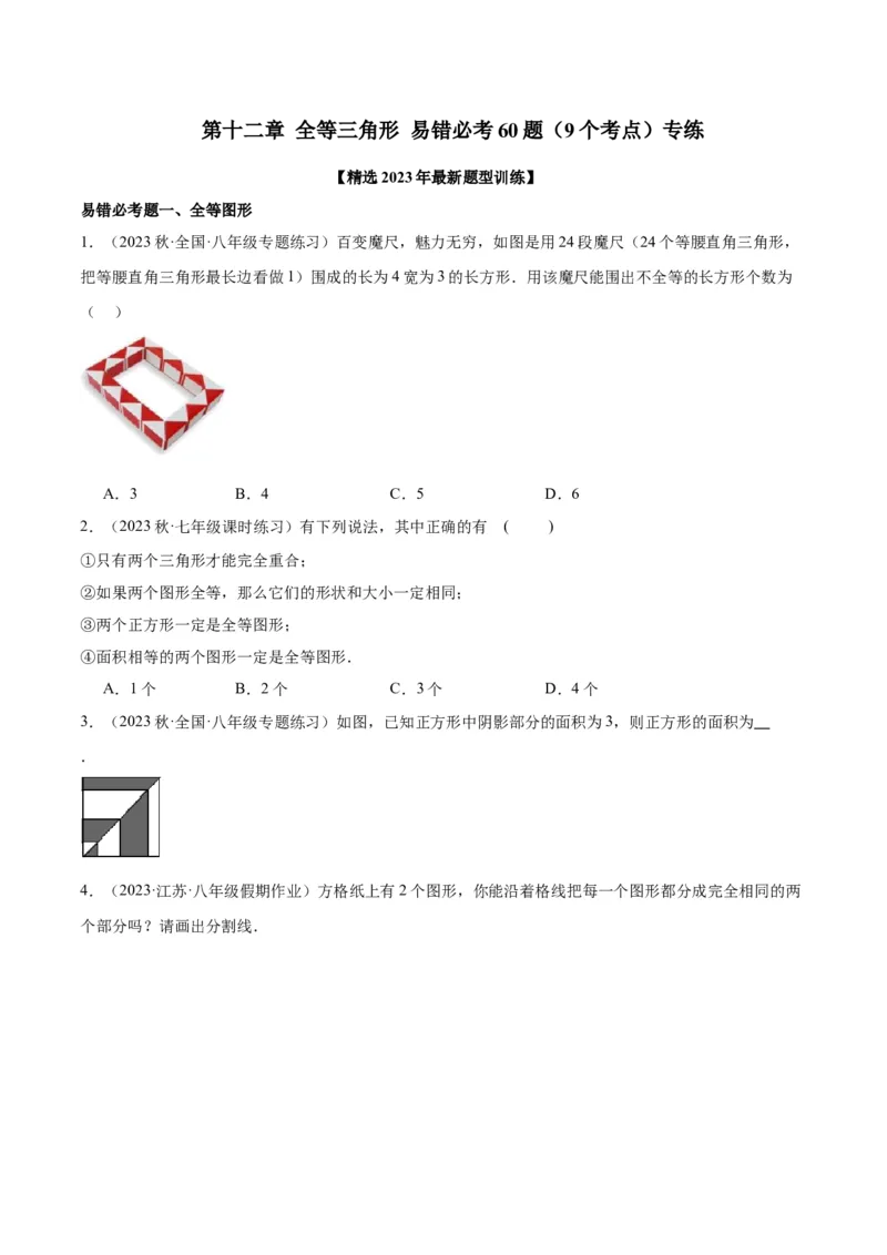 第十二章全等三角形易错必考60题（9个考点）专练（学生版）_初中数学_八年级数学上册（人教版）_重难点专题提升-V7_2024版