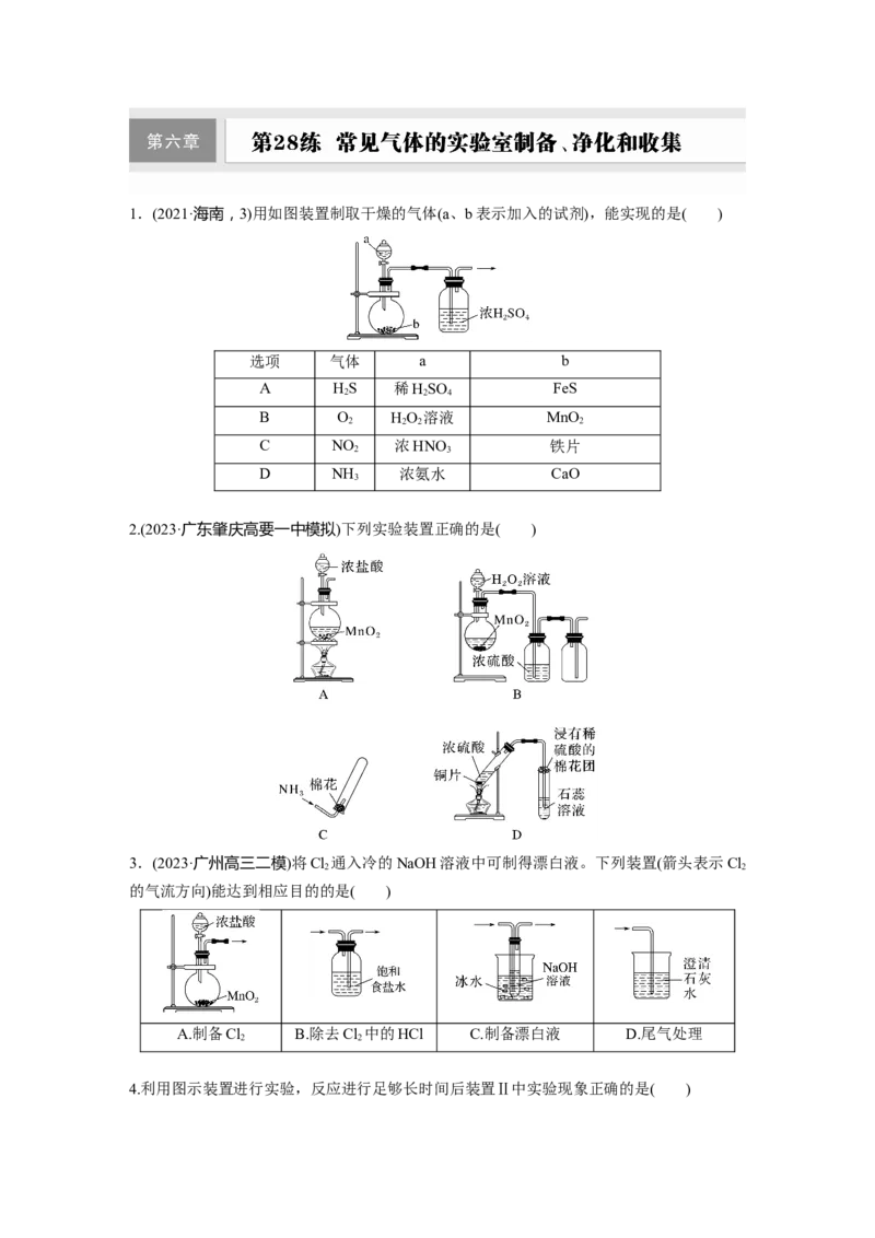 第六章　第28练　常见气体的实验室制备、净化和收集_05高考化学_2025年新高考资料_一轮复习_2025大一轮复习讲义+课件（完结）_2025大一轮复习讲义化学学生用书Word版文档全书