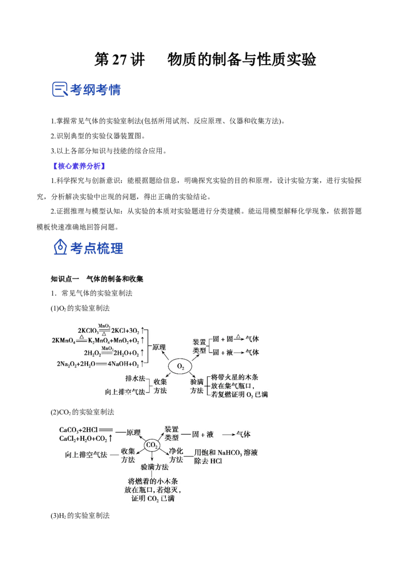 第27讲物质的制备与性质实验（讲）-2023年高考化学一轮复习讲练测（原卷版）_05高考化学_新高考复习资料_2023年新高考资料_一轮复习_2023年高考化学一轮复习讲练测（新教材新高考）