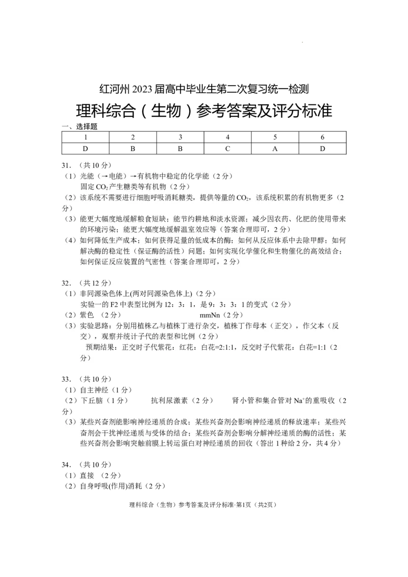 红河州2023届高三第二次州统测试卷丨生物答案公众号：一枚试卷君_05高考化学_高考模拟题_新高考_云南省红河州2023届高中生业生第二次复习统一检测理综