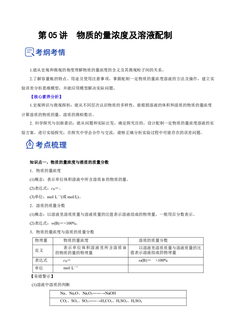 第05讲物质的量浓度及溶液配制（讲）-2023年高考化学一轮复习讲练测（原卷版）_05高考化学_新高考复习资料_2023年新高考资料_一轮复习_2023年高考化学一轮复习讲练测（新教材新高考）