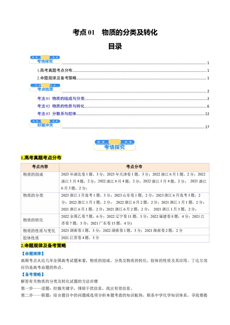 考点01物质的分类及转化（核心考点精讲精练）-备战2025年高考化学一轮复习考点帮（新高考通用）（解析版）_05高考化学_新高考复习资料_2025年新高考资料