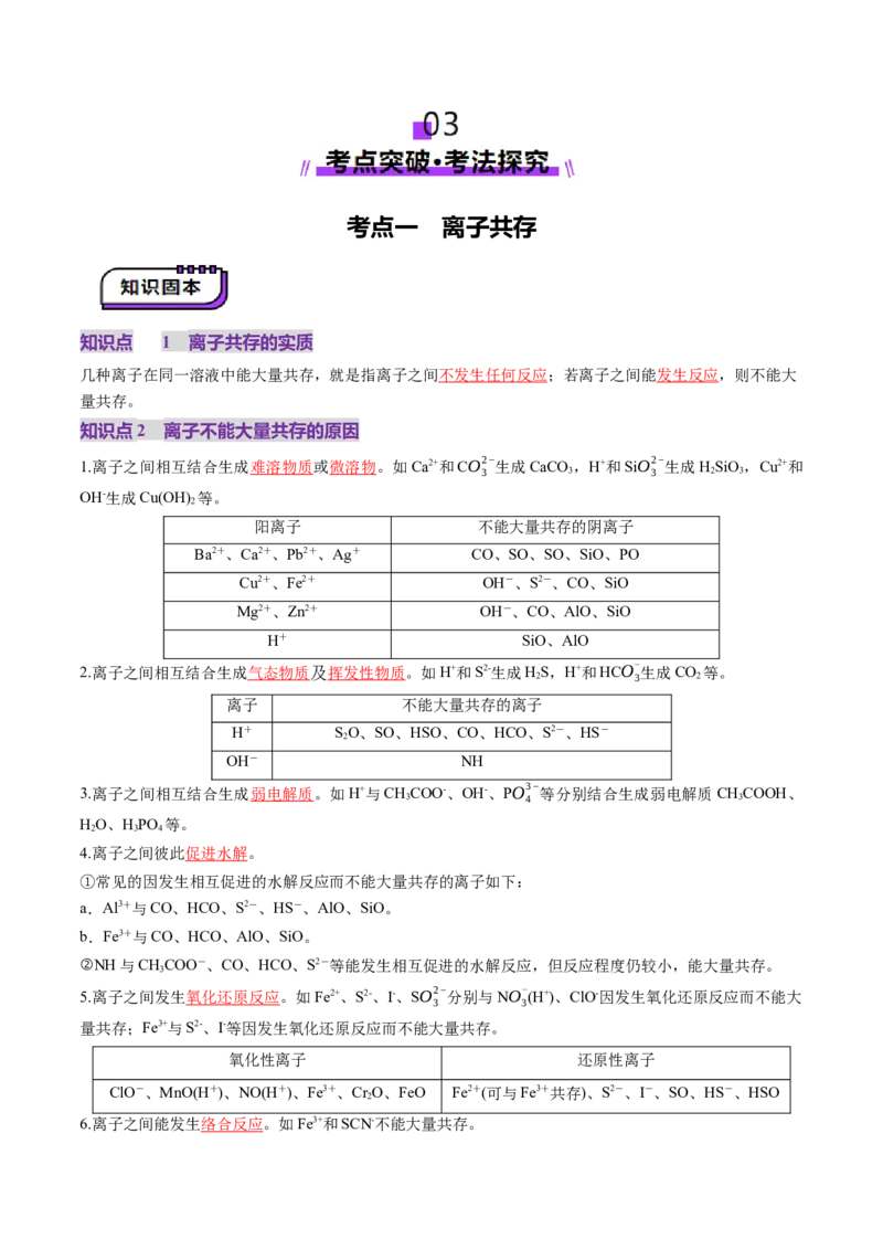 第03讲离子共存、离子的检验与推断（讲义）（解析版）_05高考化学_2025年新高考资料_一轮复习_2025年高考化学一轮复习讲练测（新教材新高考）_第一章物质及其变化