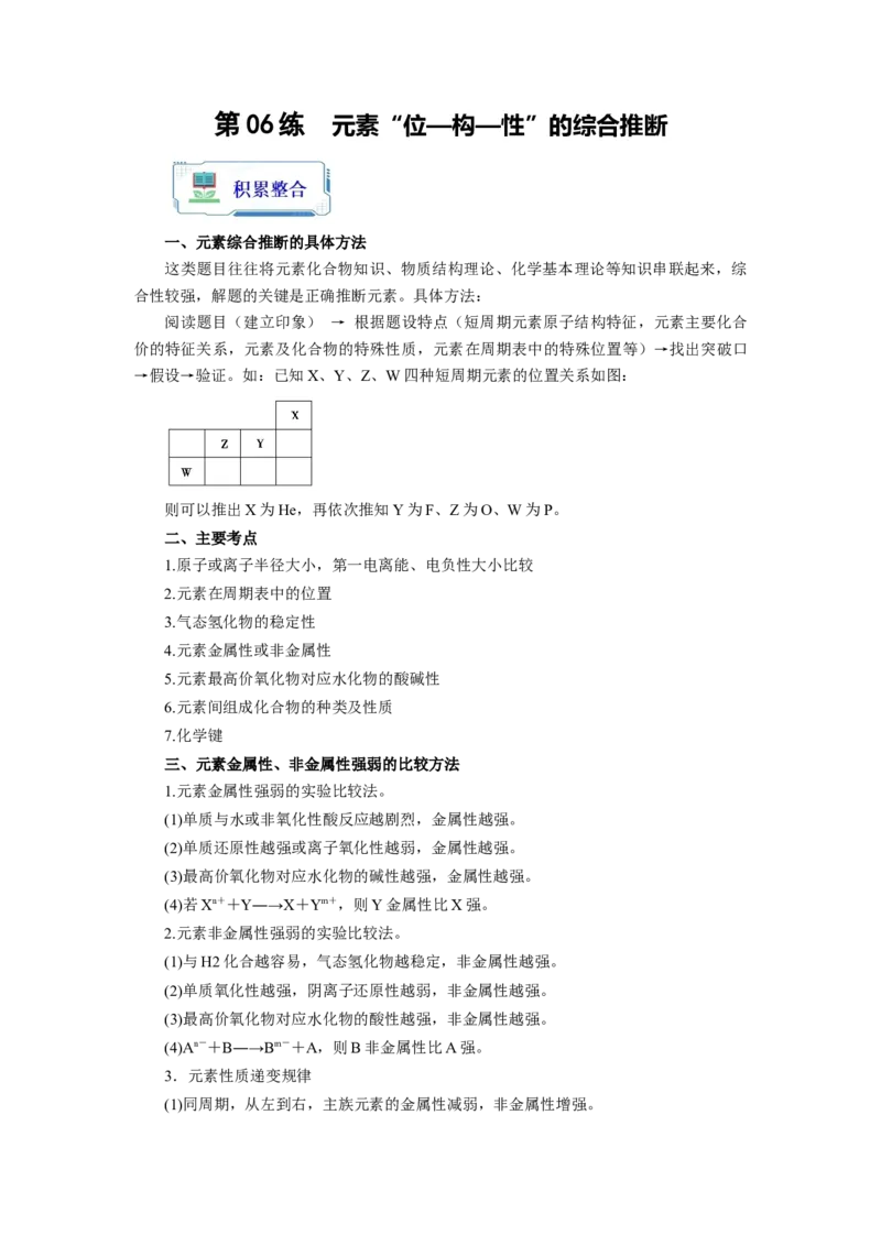 第06练元素&ldquo;位&mdash;构&mdash;性&rdquo;的综合推断（原卷版）_05高考化学_2024年新高考资料_2.2024二轮复习_2023年暑假分层作业高二化学（2024届一轮复习通用）