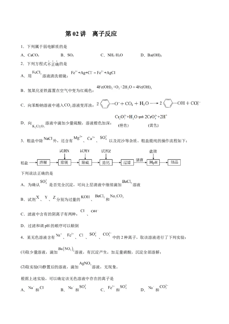 第02讲离子反应（练）-2024年高考化学大一轮复习精讲精练+专题讲座（原卷版）_05高考化学_2024年新高考资料_1.2024一轮复习_2024年高考化学大一轮复习精讲精练+专题讲座
