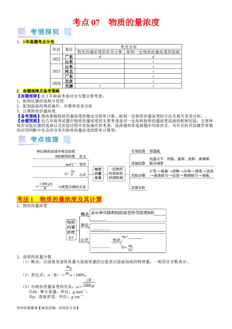考点07物质的量浓度（核心考点精讲精练）-备战2024年高考化学一轮复习考点帮（新高考专用）（学生版）_05高考化学_新高考复习资料_2024年新高考资料_一轮复习资料_第2章物质的量