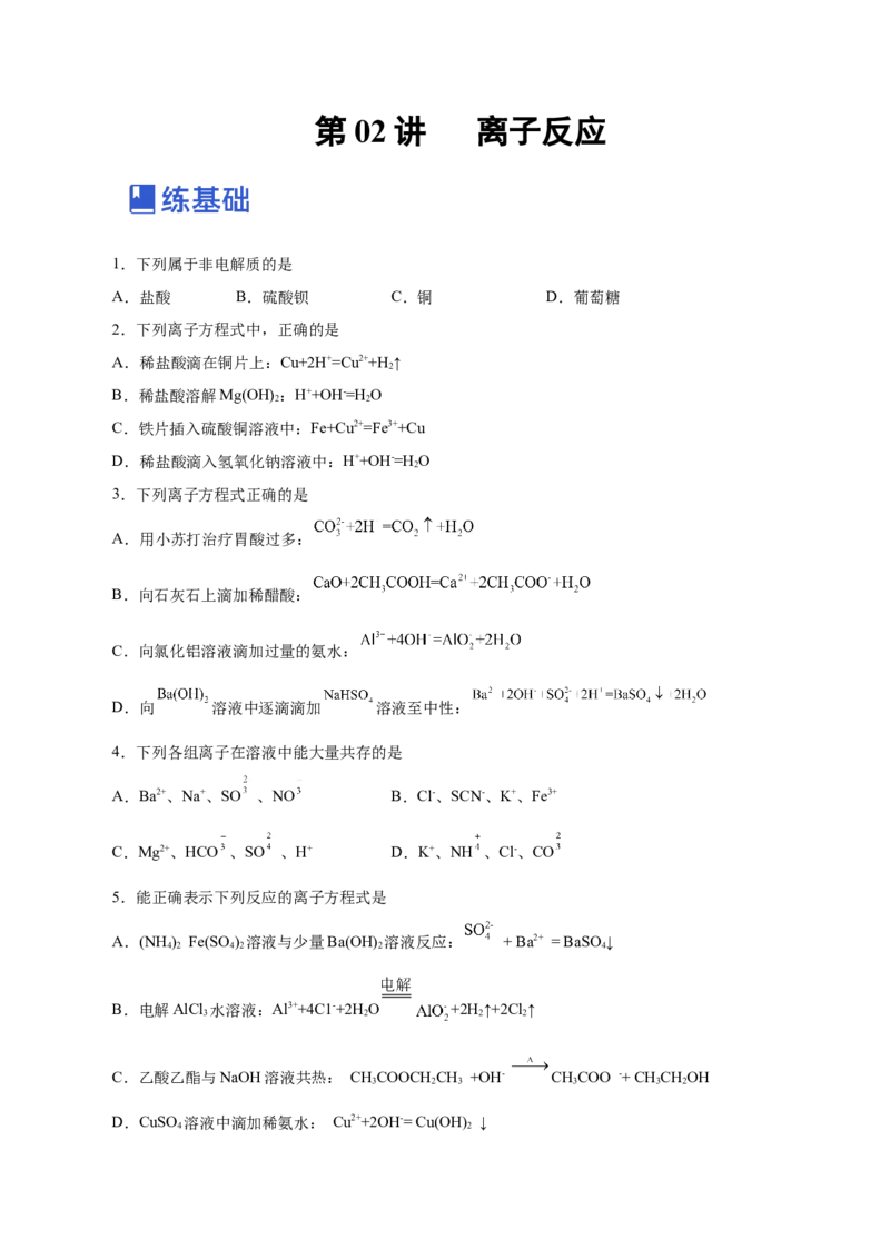 第02讲离子反应（练）-2023年高考化学一轮复习讲练测（新教材新高考）（原卷版）_05高考化学_新高考复习资料_2023年新高考资料_一轮复习