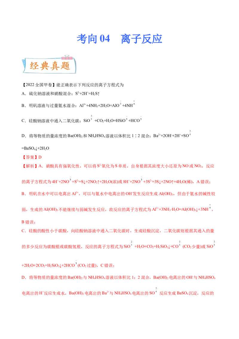 考向04离子反应-备战2023年高考化学一轮复习考点微专题（新高考地区专用）_05高考化学_新高考复习资料_2023年新高考资料_一轮复习