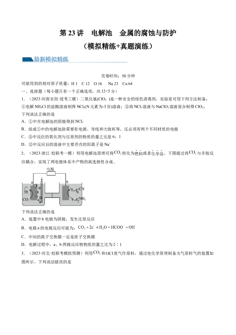 第23讲电解池金属的腐蚀与防护（练习）（原卷版）_05高考化学_2024年新高考资料_1.2024一轮复习_2024年高考化学一轮复习讲练测（新教材新高考）_第23讲电解池金属的腐蚀与防护（练习）