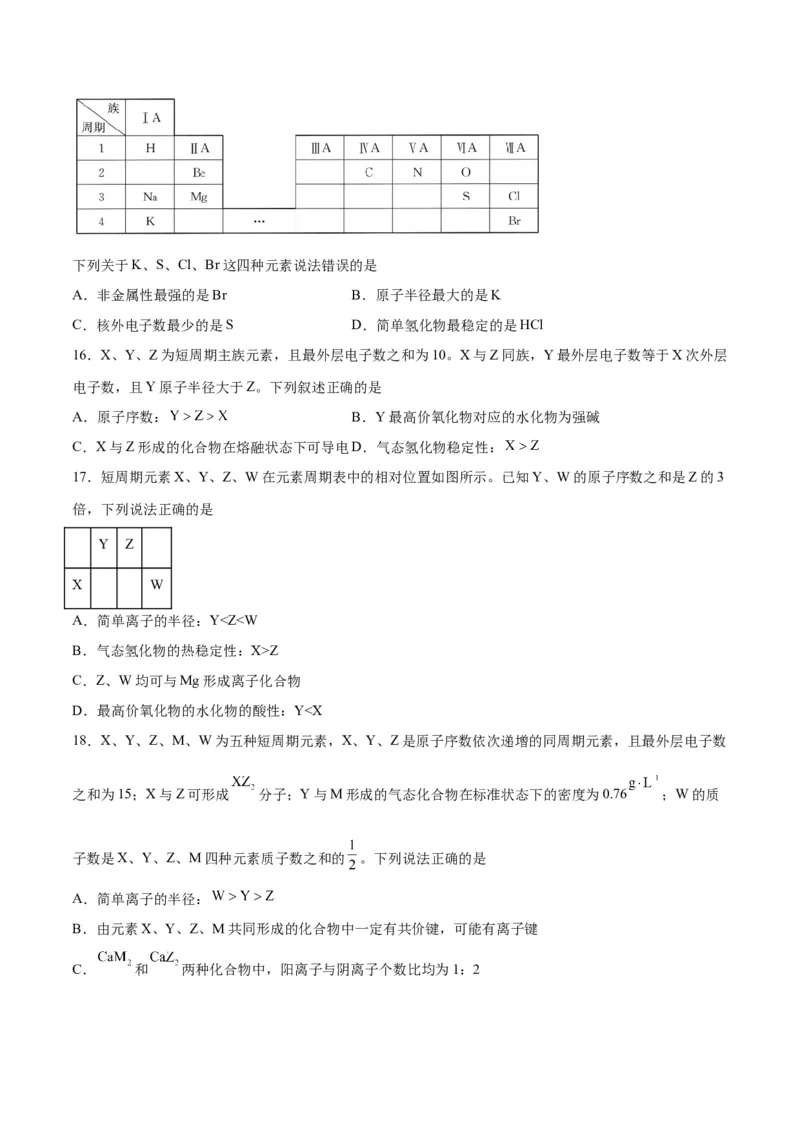 第14讲元素周期律和元素周期表（练）-2024年高考化学大一轮复习精讲精练+专题讲座（原卷版）_05高考化学_2024年新高考资料_1.2024一轮复习