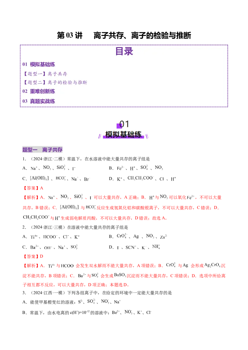 第03讲离子共存、离子的检验与推断（练习）（解析版）_05高考化学_2025年新高考资料_一轮复习_2025年高考化学一轮复习讲练测（新教材新高考）_第一章物质及其变化