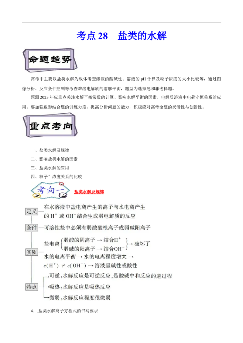 考点28盐类的水解（原卷版）_05高考化学_通用版（老高考）复习资料_2023年复习资料_一轮复习_备战2023年高考化学一轮复习考点帮（全国通用）