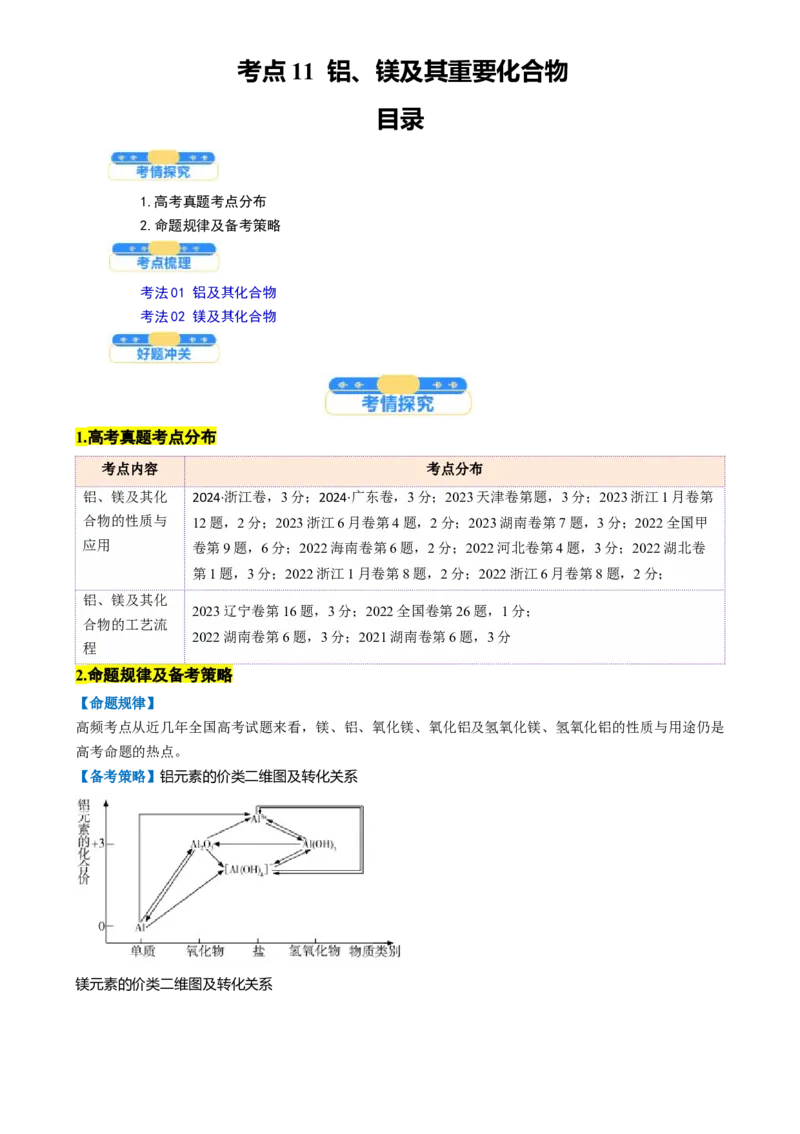 考点11铝及其重要化合物（核心考点精讲精练）-备战2025年高考化学一轮复习考点帮（新高考通用）（原卷版）_05高考化学_2025年新高考资料_一轮复习_备战2025年高考化学一轮复习考点帮