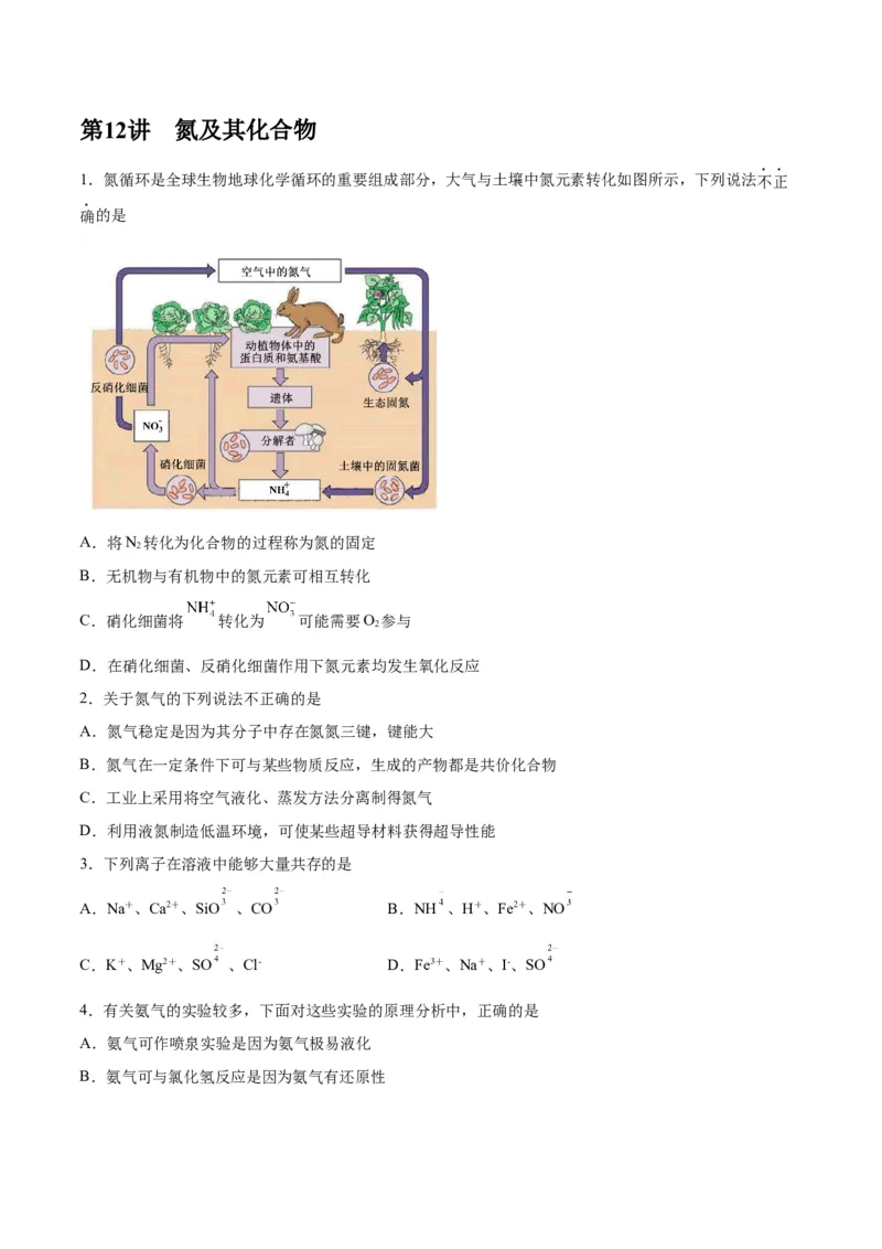 第12讲氮及其化合物（练）-2024年高考化学大一轮复习精讲精练+专题讲座（原卷版）_05高考化学_2024年新高考资料_1.2024一轮复习_2024年高考化学大一轮复习精讲精练+专题讲座