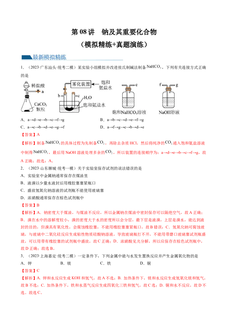 第08讲钠及其重要化合物（练习）（解析版）_05高考化学_2024年新高考资料_1.2024一轮复习_2024年高考化学一轮复习讲练测（新教材新高考）