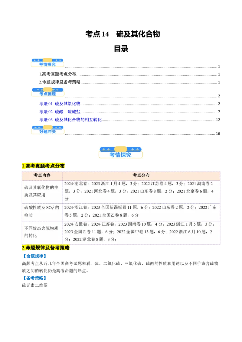 考点14硫及其化合物（核心考点精讲精练）-备战2025年高考化学一轮复习考点帮（新高考通用）（解析版）_05高考化学_2025年新高考资料_一轮复习_备战2025年高考化学一轮复习考点帮