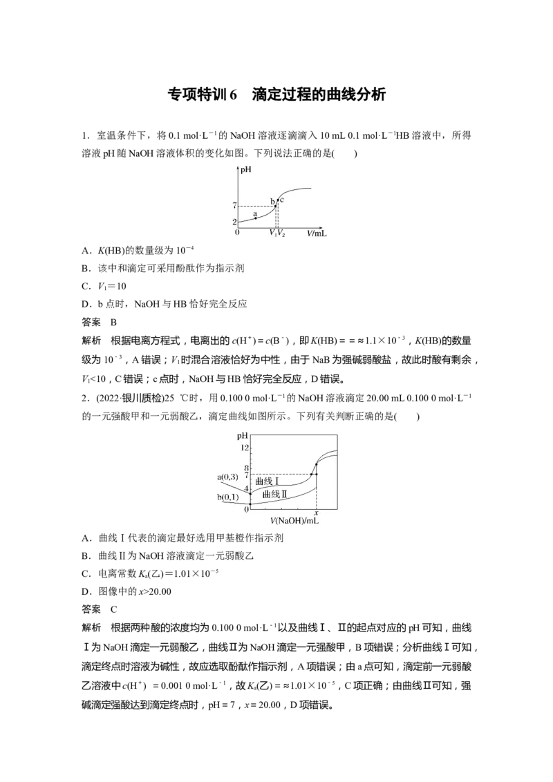 第8章专项特训6　滴定过程的曲线分析---2023年高考化学一轮复习（新高考）_05高考化学_新高考复习资料_2023年新高考资料_一轮复习_2023年新高考大一轮复习讲义