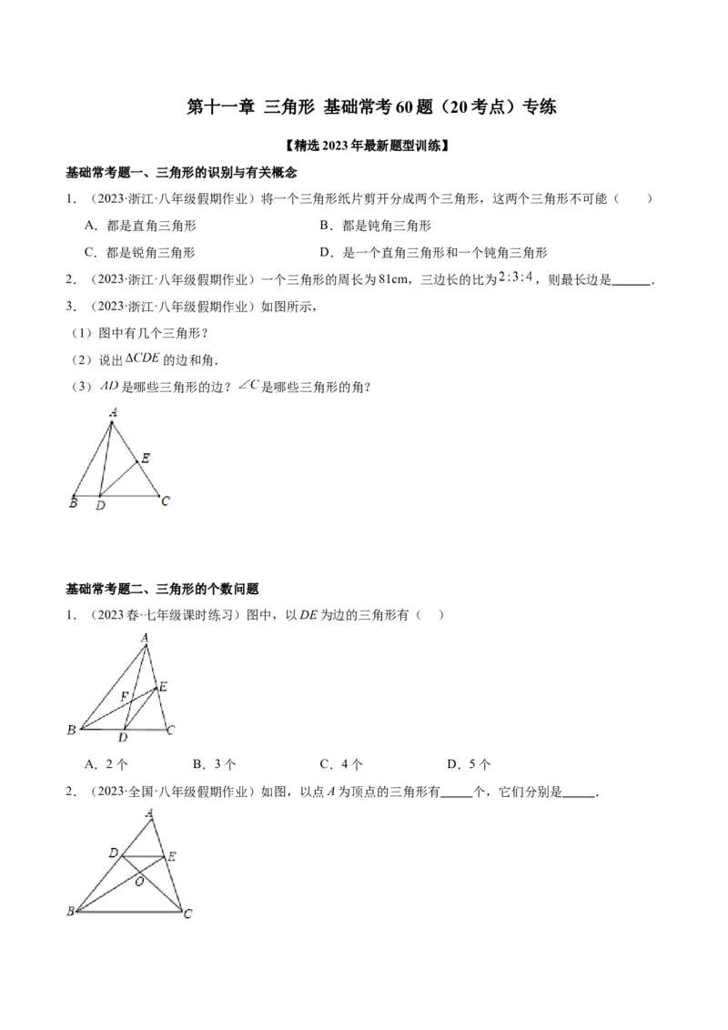 第十一章三角形基础常考60题（20个考点）专练（学生版）_初中数学_八年级数学上册（人教版）_重难点专题提升-V7_2024版