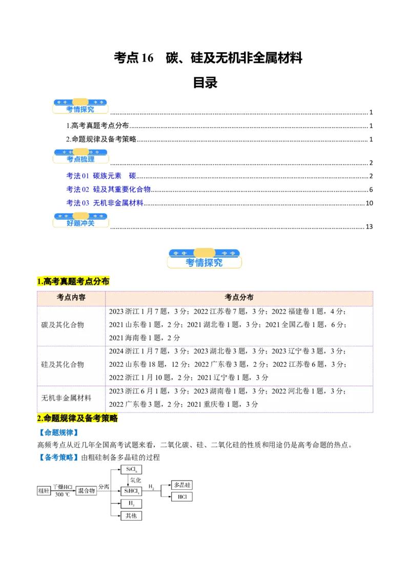 考点16碳、硅及无机非全属材料（核心考点精讲精练）-备战2025年高考化学一轮复习考点帮（新高考通用）（解析版）_05高考化学_2025年新高考资料_一轮复习