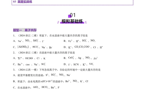 第03讲离子共存、离子的检验与推断（练习）（原卷版）_05高考化学_新高考复习资料_2025年新高考资料_上好课2025年高考化学一轮复习讲练测（新教材新高考）_第一章物质及其变化