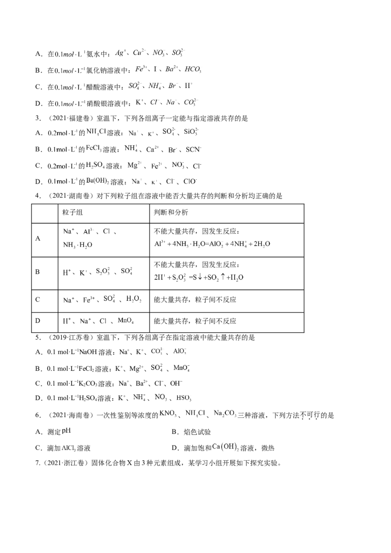 第03讲离子共存、离子的检验与推断（练习）（原卷版）_05高考化学_新高考复习资料_2025年新高考资料_上好课2025年高考化学一轮复习讲练测（新教材新高考）_第一章物质及其变化