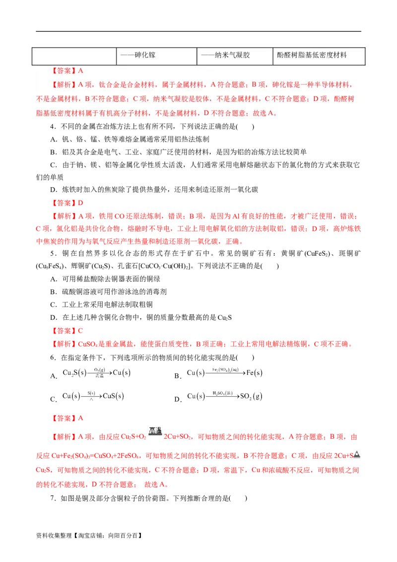 考点16铜及其金属材料(好题冲关)(解析版)_05高考化学_通用版（老高考）复习资料_2024年复习资料_完备战2024年高考化学一轮复习考点帮（全国通用）