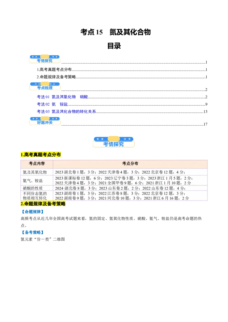 考点15氮及其化合物（核心考点精讲精练）-备战2025年高考化学一轮复习考点帮（新高考通用）（解析版）_05高考化学_2025年新高考资料_一轮复习_备战2025年高考化学一轮复习考点帮