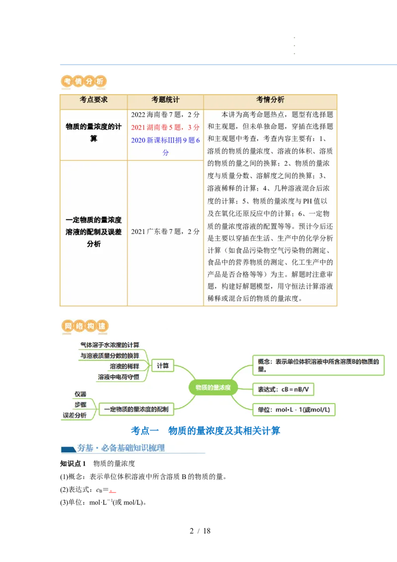 第02讲物质的量浓度与溶液的配制（讲义）（解析版）_05高考化学_新高考复习资料_2024年新高考资料_一轮复习资料_完2024年高考化学一轮复习讲练测(课件+讲义+练习)（新高考）