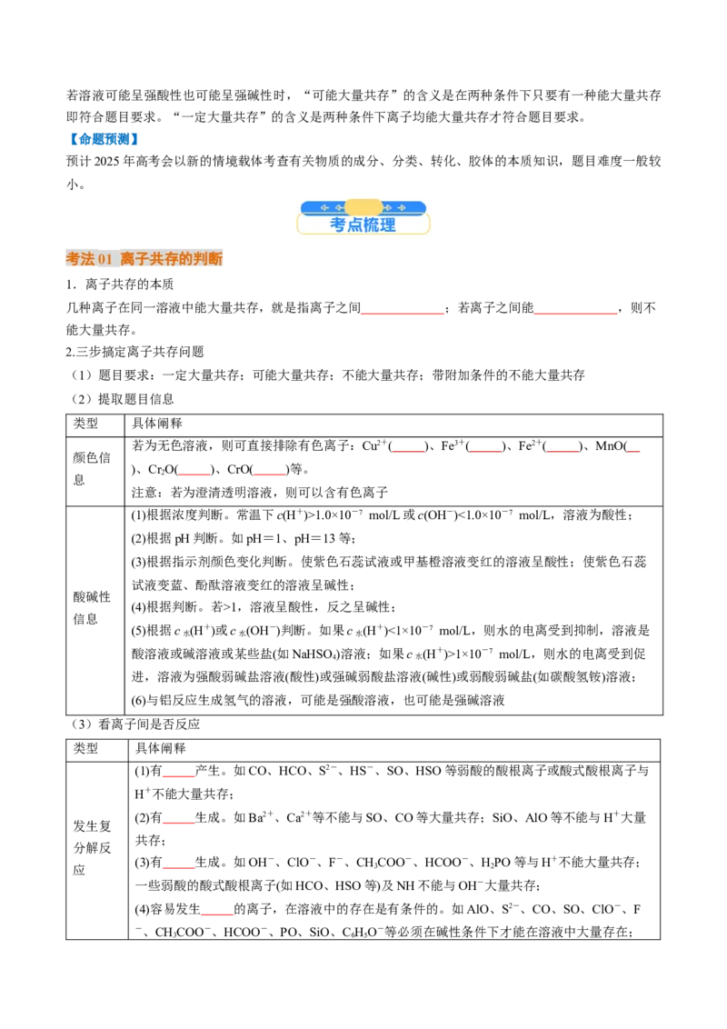 考点03离子共存离子检验与推断（核心考点精讲精练）-备战2025年高考化学一轮复习考点帮（新高考通用）（原卷版）_05高考化学_2025年新高考资料_一轮复习
