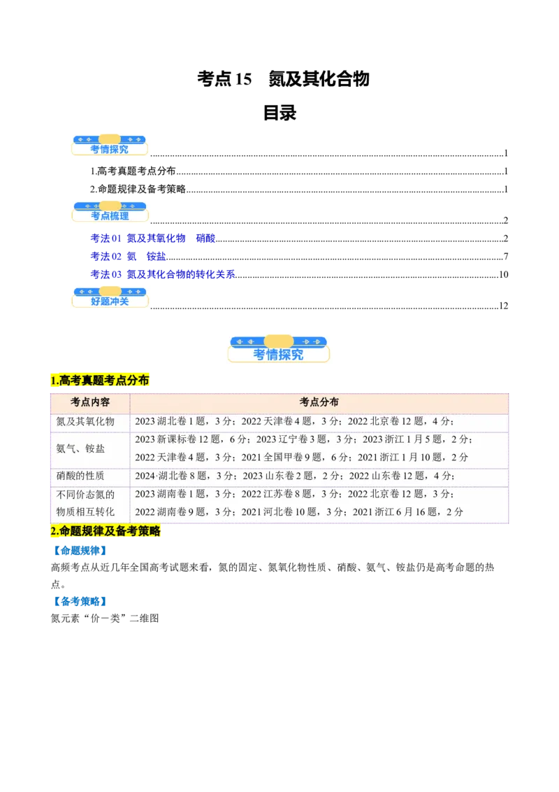 考点15氮及其化合物（核心考点精讲精练）-备战2025年高考化学一轮复习考点帮（新高考通用）（原卷版）_05高考化学_2025年新高考资料_一轮复习_备战2025年高考化学一轮复习考点帮