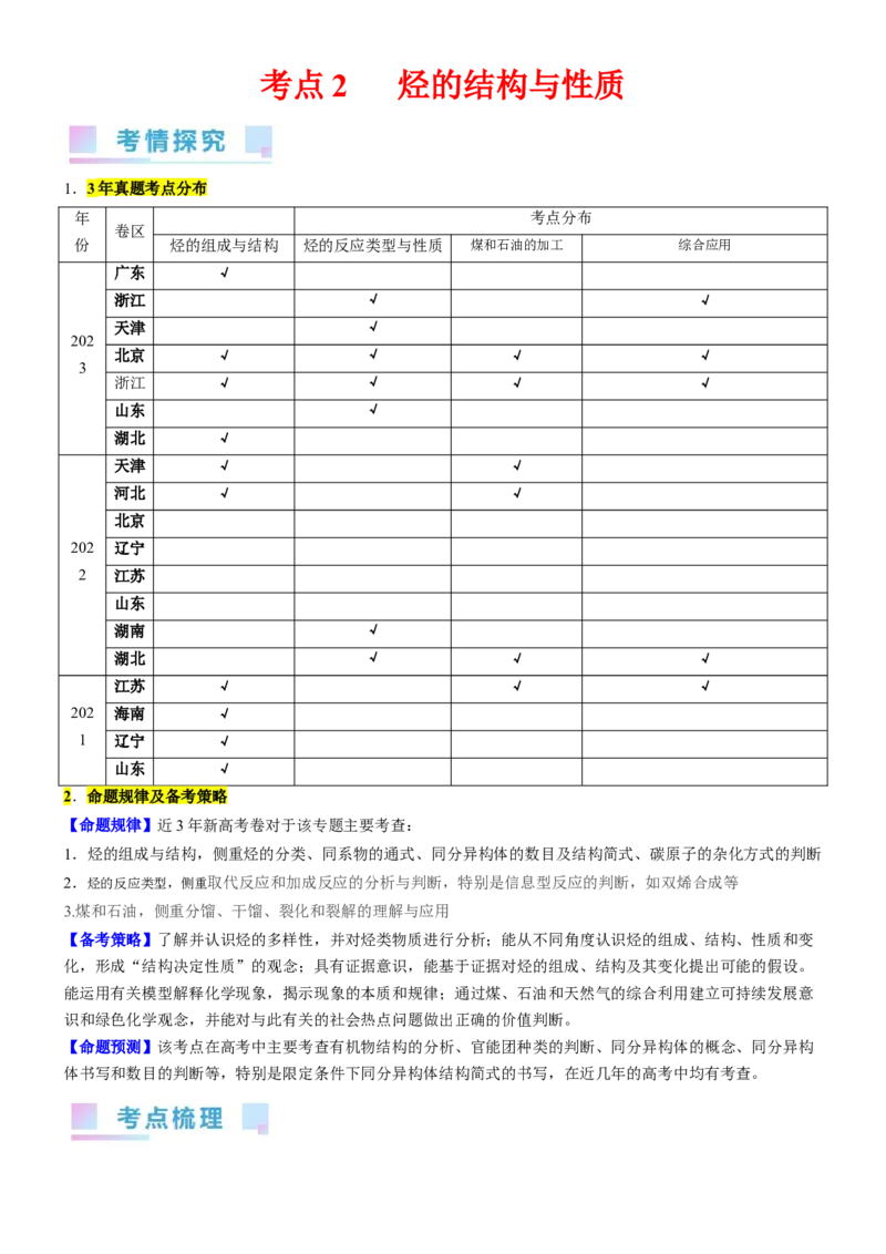 考点2烃的结构与性质（核心考点精讲精练）-备战2024年高考化学一轮复习考点帮（新高考专用）（原卷版）_05高考化学_新高考复习资料_2024年新高考资料_一轮复习资料_第9章有机化学基础