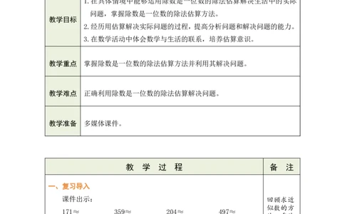 3用除法估算解决问题_26春人教版数学三下_00、教案3套完整版_第1套表格式教案_2除数是一位数的除法