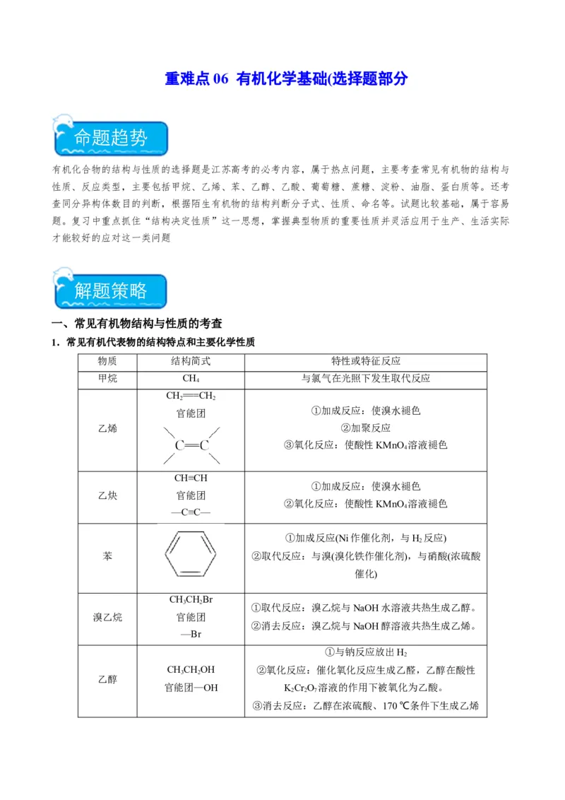 重难点06有机化学基础(选择题部分-（原卷版）_05高考化学_2024年新高考资料_3.2024专项复习_2024年高考化学热点&middot;重点&middot;难点专练（江苏专用）