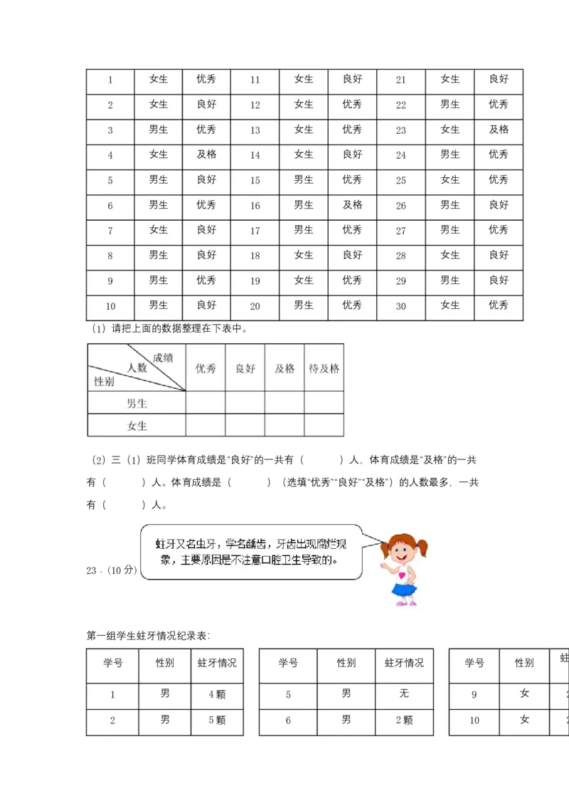 分层训练三年级下册数学单元测试-第三单元复式统计表（培优卷）人教版（含答案）_26春人教版数学三下_00、更新资料3月18日_单元测试(4)_分层测试卷16套