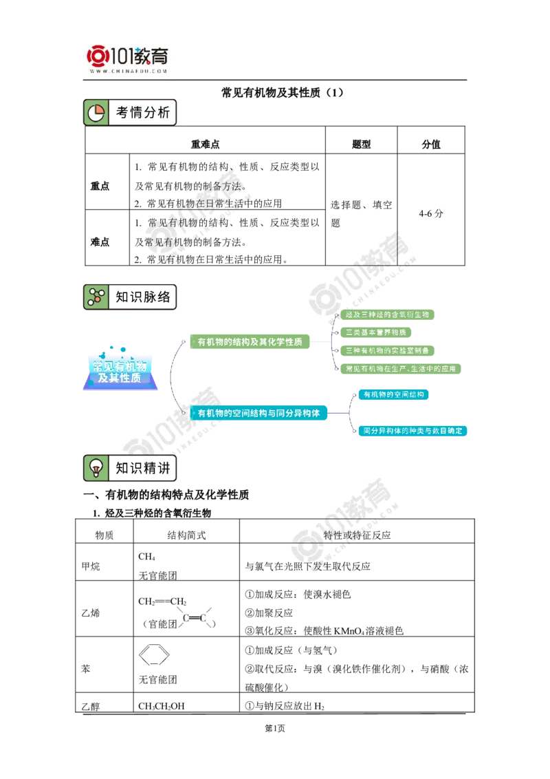 复习专题：常见有机物及其性质_新人教版高二化学选修一、二、三_新人教版高中化学选择性必修第三册_高二化学（选择性必修第三册）学案练习