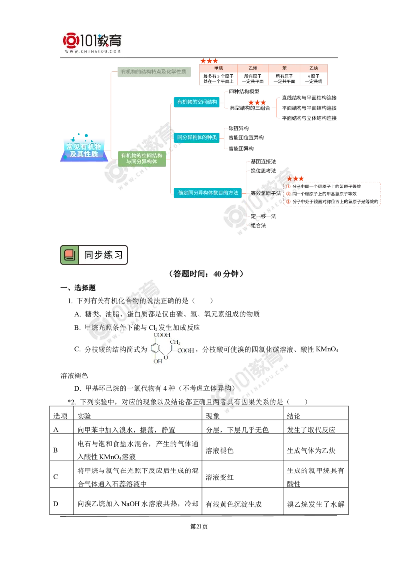 复习专题：常见有机物及其性质_新人教版高二化学选修一、二、三_新人教版高中化学选择性必修第三册_高二化学（选择性必修第三册）学案练习