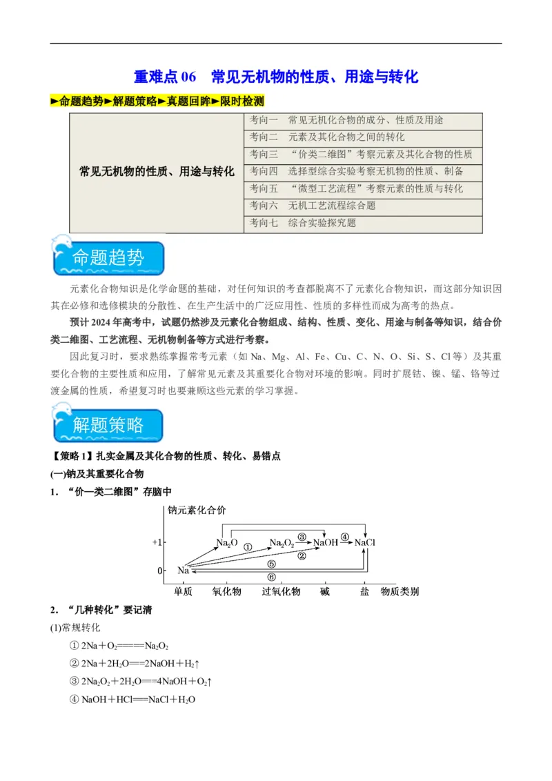 重难点06常见无机物的性质、用途与转化-2024年高考化学热点&middot;重点&middot;难点专练（新高考专用）（原卷版）_05高考化学_新高考复习资料_2024年新高考资料_❤专项复习资料