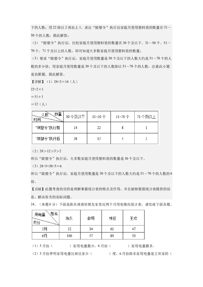 A4解析第三单元复式统计表素养测评卷-三年级数学下册同步高效课堂系列（人教版）_26春人教版数学三下_00、更新资料3月18日_单元测试(4)_单元测试卷